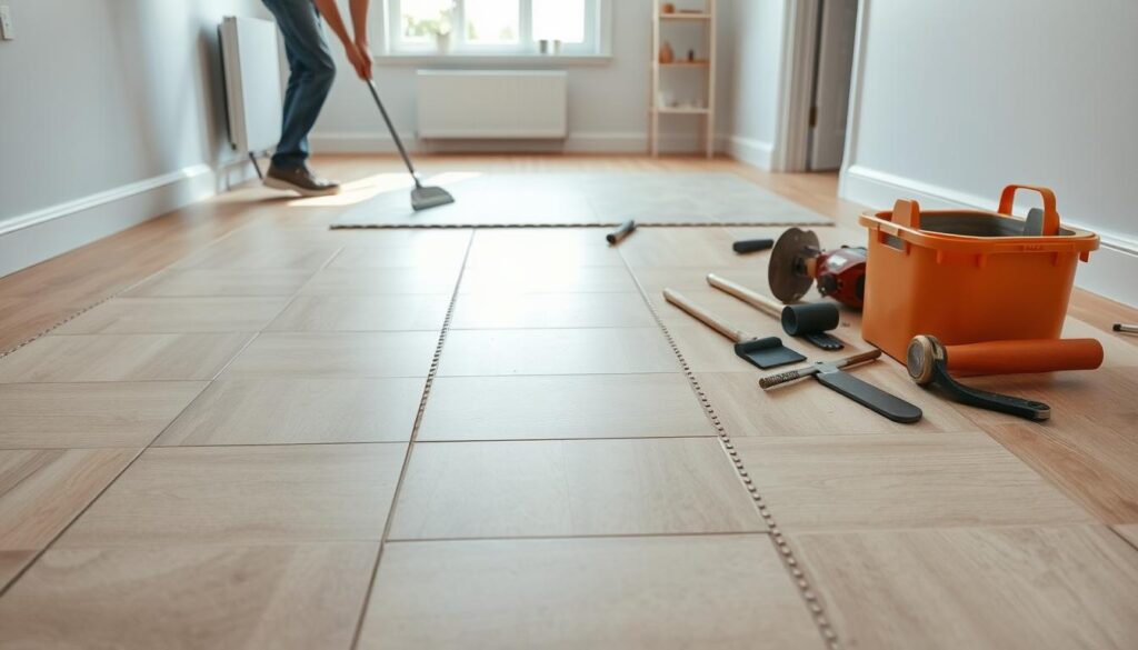 A well-lit and spacious room with a hardwood floor. In the foreground, a tiled floor pattern of 60x60 cm tiles in a neutral beige color, neatly arranged in a staggered pattern. The tiles are being carefully laid down by a skilled worker, using a notched trowel to spread adhesive and ensure even spacing. In the middle ground, various tiling tools such as a rubber mallet, tile cutter, and grout float are visible, showcasing the attention to detail required for this task. The background shows clean white walls and natural lighting filtering in, creating a serene and professional atmosphere suitable for a home or commercial space. A well-lit and spacious room with a hardwood floor. In the foreground, a tiled floor pattern of 60x60 cm tiles in a neutral beige color, neatly arranged in a staggered pattern. The tiles are being carefully laid down by a skilled worker, using a notched trowel to spread adhesive and ensure even spacing. In the middle ground, various tiling tools such as a rubber mallet, tile cutter, and grout float are visible, showcasing the attention to detail required for this task. The background shows clean white walls and natural lighting filtering in, creating a serene and professional atmosphere suitable for a home or commercial space.