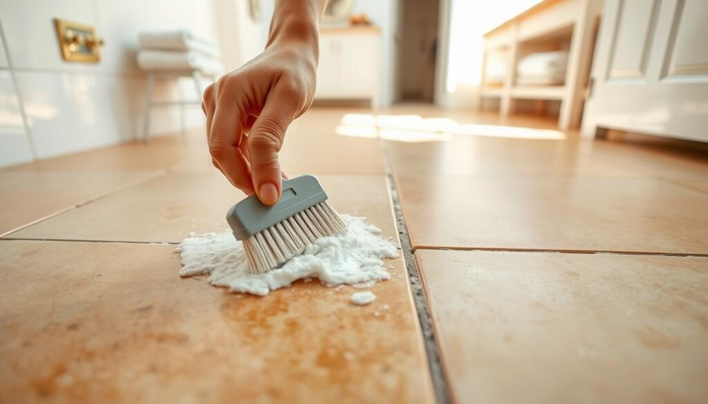 A well-lit bathroom interior, the focus on a tiled floor. In the foreground, a person's hand scrubbing a grout line between the tiles using a small brush and a cleaning solution, creating foamy suds. The tiles are a neutral, earthy tone, and the grout lines are discolored, in need of attention. The background showcases the rest of the bathroom, perhaps with a vanity, towels, and other fixtures, all in a clean, minimalist style. The lighting is warm and natural, casting a soft glow over the scene, conveying a sense of cleanliness and attention to detail. A well-lit bathroom interior, the focus on a tiled floor. In the foreground, a person's hand scrubbing a grout line between the tiles using a small brush and a cleaning solution, creating foamy suds. The tiles are a neutral, earthy tone, and the grout lines are discolored, in need of attention. The background showcases the rest of the bathroom, perhaps with a vanity, towels, and other fixtures, all in a clean, minimalist style. The lighting is warm and natural, casting a soft glow over the scene, conveying a sense of cleanliness and attention to detail.
