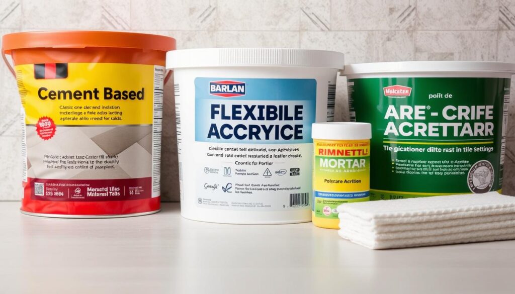 A well-lit, close-up image of various types of tile adhesives, including classic cement-based, flexible acrylic, and rapid-setting mortar. The products are arranged neatly on a clean, neutral background, allowing their distinct textures and colors to stand out. The lighting is soft and even, creating a sense of clarity and professionalism. The angle is slightly elevated, providing a comprehensive view of the tiles and adhesives. The overall mood is informative and educational, showcasing the diverse range of options available for tile installation.
