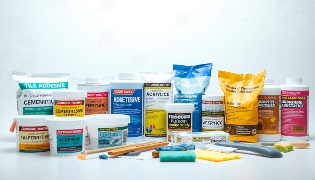 A well-lit close-up of various adhesive products for tile installation, displayed on a white background. The foreground features a diverse array of tile adhesives - cementitious, epoxy, and acrylic - in their original packaging, showcasing different colors, textures, and application methods. The middle ground contains tools and accessories like trowels, sponges, and grout float, providing a comprehensive overview of the necessary materials. The background is evenly lit, creating a clean, professional setting to highlight the tile adhesive options. The overall mood is informative and visually appealing, making it suitable to illustrate the "Wybór kleju do płytek i jego przygotowanie" section of the article.