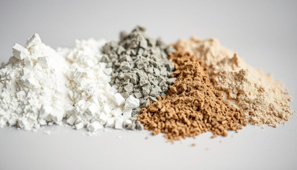 A well-lit close-up of various types of grouting compounds for tiles, arranged neatly on a clean, neutral-colored surface. The grouts are shown in a range of colors commonly used in interior design, such as white, gray, beige, and earthy tones. The image captures the textural details and sheen of the different grout materials, allowing the viewer to appreciate their aesthetic qualities. The lighting is soft and diffused, creating a calm, professional atmosphere that showcases the grouts in an informative, visually appealing manner.