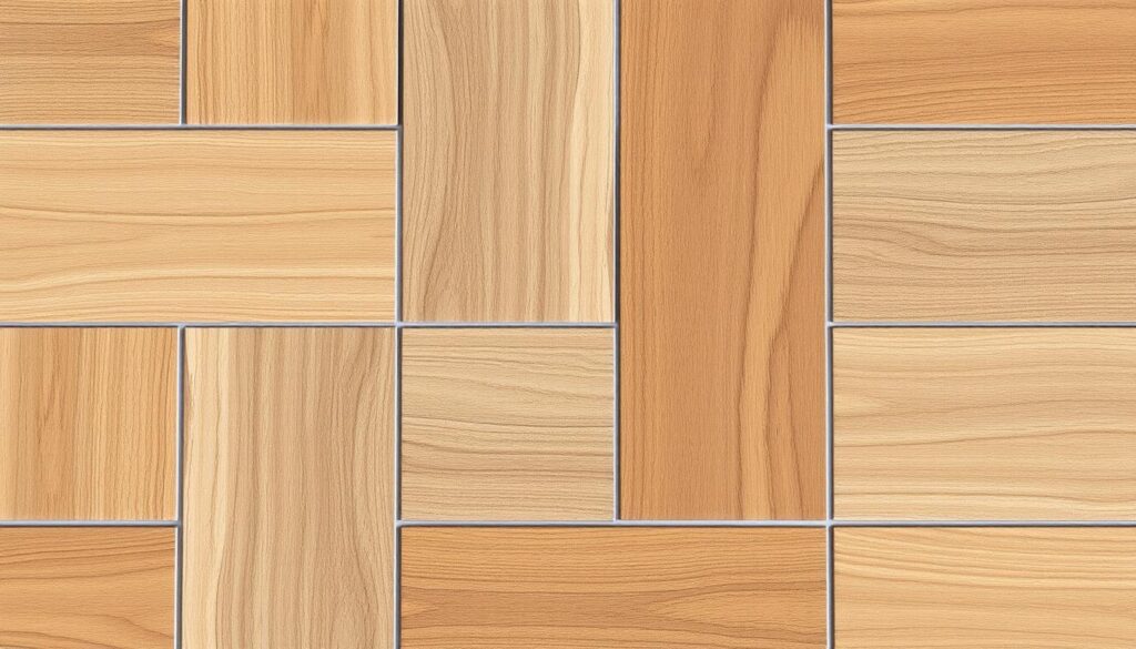 A well-lit, close-up photograph of a variety of wooden-look tiles in various shades of brown, complemented by a range of matching grout colors, including warm beige, light gray, and subtle earth tones. The tiles are arranged in a visually pleasing pattern, showcasing the natural wood grain textures and highlighting the harmonious interplay between the tiles and the grout. The image captures the essence of creating a cohesive and aesthetically-pleasing flooring solution with wooden-look tiles and carefully selected grout colors.