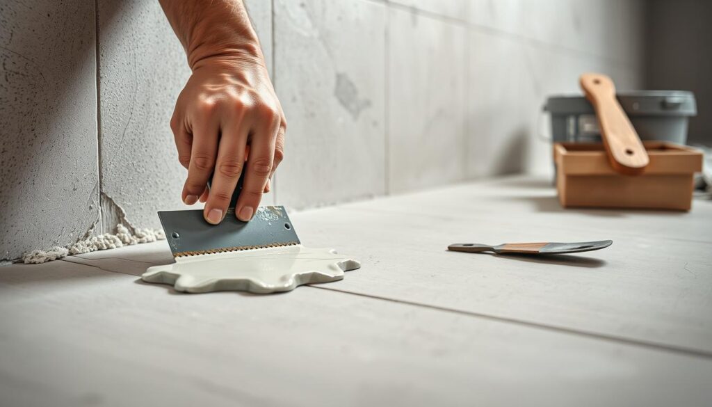 A well-lit, close-up view of a construction worker's hands preparing a smooth, uniform surface for tiling. The foreground shows hands applying a layer of cement-based adhesive onto a clean, primed concrete wall, ensuring proper coverage and adhesion. In the middle ground, tools like a notched trowel, bucket, and mixing paddle are visible, conveying the necessary equipment for the task. The background is slightly blurred, maintaining focus on the critical surface preparation process. The overall scene radiates a sense of precision, attention to detail, and professional workmanship, perfectly capturing the essence of "Przygotowanie podłoża przed układaniem". A well-lit, close-up view of a construction worker's hands preparing a smooth, uniform surface for tiling. The foreground shows hands applying a layer of cement-based adhesive onto a clean, primed concrete wall, ensuring proper coverage and adhesion. In the middle ground, tools like a notched trowel, bucket, and mixing paddle are visible, conveying the necessary equipment for the task. The background is slightly blurred, maintaining focus on the critical surface preparation process. The overall scene radiates a sense of precision, attention to detail, and professional workmanship, perfectly capturing the essence of "Przygotowanie podłoża przed układaniem".