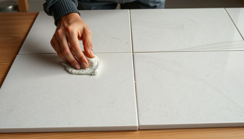 A well-lit, close-up view of a person's hands carefully applying a layer of adhesive tile mortar to the surface of large, rectangular 120x60 cm ceramic tiles. The tiles are arranged in a clean, organized manner on a sturdy, wooden work surface. The person's movements are deliberate and focused, showcasing the precision required for proper tile installation. Subtle shadows and highlights accentuate the texture of the mortar and the tiles. The overall scene conveys a sense of expertise and attention to detail, reflecting the careful, step-by-step process of "klejenie płytek". A well-lit, close-up view of a person's hands carefully applying a layer of adhesive tile mortar to the surface of large, rectangular 120x60 cm ceramic tiles. The tiles are arranged in a clean, organized manner on a sturdy, wooden work surface. The person's movements are deliberate and focused, showcasing the precision required for proper tile installation. Subtle shadows and highlights accentuate the texture of the mortar and the tiles. The overall scene conveys a sense of expertise and attention to detail, reflecting the careful, step-by-step process of "klejenie płytek".