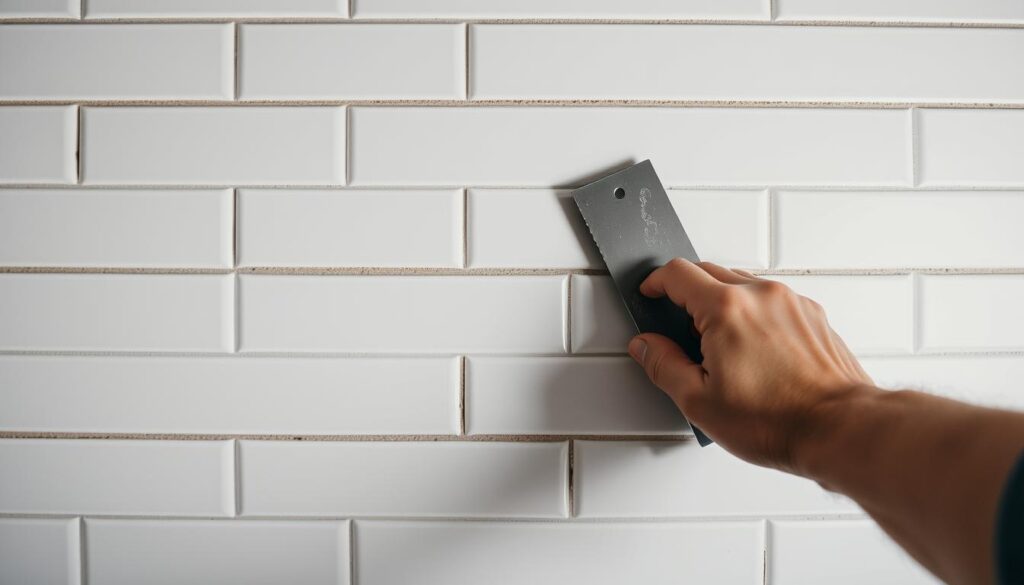 A well-lit, close-up view of a person's hands carefully applying ceramic tiles to a wall. The tiles are in a classic subway pattern, with grouted seams, and the person is using a notched trowel to spread a thin layer of mortar. The wall behind the tiles has been prepped with a level, clean surface. The lighting is soft and diffused, creating subtle shadows that accentuate the textures of the tiles and mortar. The overall scene conveys a sense of focus, precision, and the satisfying process of laying tiles neatly and expertly.