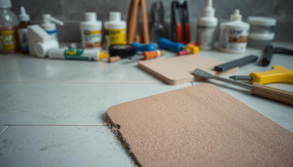 A well-lit, close-up view of various methods for repairing and restoring damaged ceramic tiles. In the foreground, a tile with a crack is being filled with a specialized grout, creating a seamless restoration. In the middle ground, a tile is being sanded and polished to remove discoloration and wear. In the background, a selection of tile repair tools and materials are neatly arranged, including adhesives, sealants, and hand tools. The scene conveys a sense of careful, professional attention to detail in the process of tile renovation, with a clean, minimalist aesthetic. A well-lit, close-up view of various methods for repairing and restoring damaged ceramic tiles. In the foreground, a tile with a crack is being filled with a specialized grout, creating a seamless restoration. In the middle ground, a tile is being sanded and polished to remove discoloration and wear. In the background, a selection of tile repair tools and materials are neatly arranged, including adhesives, sealants, and hand tools. The scene conveys a sense of careful, professional attention to detail in the process of tile renovation, with a clean, minimalist aesthetic.