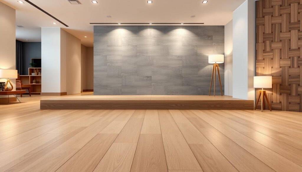 A well-lit, contemporary interior showcasing a variety of modern flooring materials. In the foreground, smooth, sleek engineered wood planks in a light oak tone create a warm, natural feel. In the middle ground, large-format porcelain tiles in a minimalist, matte grey finish exude a sophisticated, industrial aesthetic. Toward the back, stylish, interlocking luxury vinyl tiles in a wood-like pattern add texture and visual interest. Indirect lighting from recessed fixtures and floor lamps casts a soft, ambient glow, highlighting the unique qualities and finishes of each flooring type. An airy, open-concept space with clean lines and a neutral color palette, conveying a sense of modern, urban elegance. A well-lit, contemporary interior showcasing a variety of modern flooring materials. In the foreground, smooth, sleek engineered wood planks in a light oak tone create a warm, natural feel. In the middle ground, large-format porcelain tiles in a minimalist, matte grey finish exude a sophisticated, industrial aesthetic. Toward the back, stylish, interlocking luxury vinyl tiles in a wood-like pattern add texture and visual interest. Indirect lighting from recessed fixtures and floor lamps casts a soft, ambient glow, highlighting the unique qualities and finishes of each flooring type. An airy, open-concept space with clean lines and a neutral color palette, conveying a sense of modern, urban elegance.