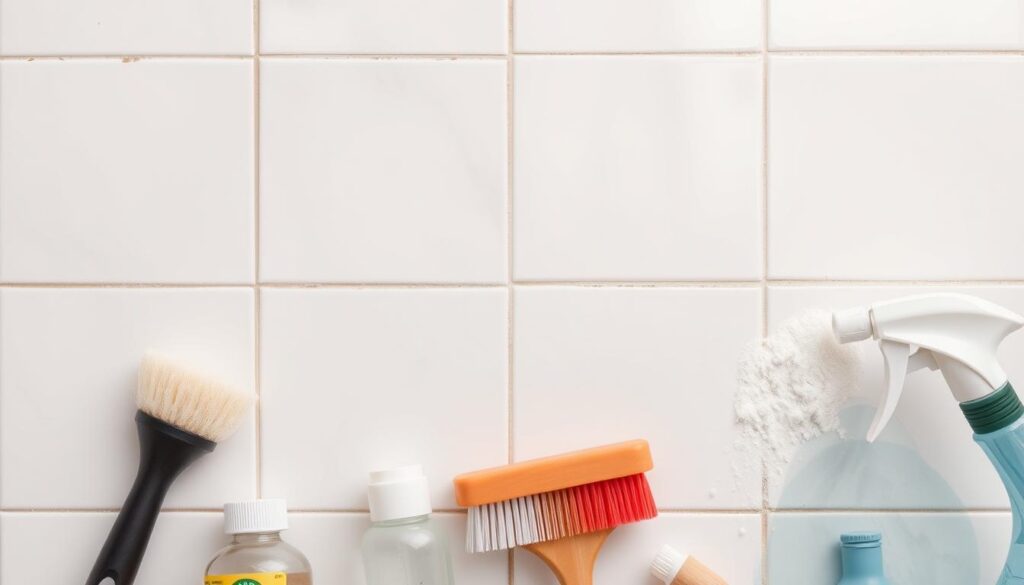 A well-lit, detailed close-up photograph of a tiled surface, showcasing the effective removal of stubborn grout and dirt from the tile grout lines. The tiles are a classic white, with a subtle sheen, and the grout lines are a crisp, clean gray. The image captures the process of grout cleaning, with a variety of brushes, cleaning solutions, and tools visible in the foreground, suggesting a methodical and thorough approach. The lighting is soft and diffused, creating an even illumination that highlights the texture and clarity of the tiles and grout. The overall composition emphasizes the transformation from dirty to pristine, conveying a sense of satisfaction and accomplishment.