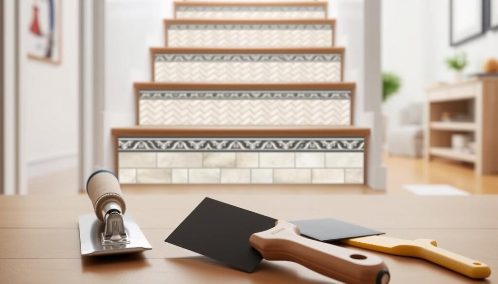A well-lit, detailed illustration showcasing practical tiling tips for staircase installation. In the foreground, a neatly arranged set of tiling tools and materials, including a trowel, tile cutter, and grout float. The middle ground depicts a stylized staircase, with each step showcasing a different tiling technique - herringbone pattern, staggered layout, and border accents. The background features a softly blurred interior setting, hinting at the context of a home renovation project. The overall scene conveys a sense of expertise, precision, and a focus on providing useful, visually compelling guidance for the tiling process.