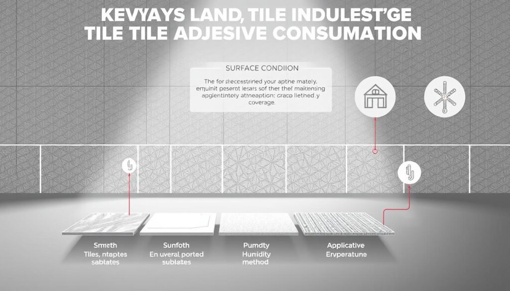 A well-lit, detailed illustration showcasing the key factors influencing tile adhesive consumption. In the foreground, display a variety of tile sizes, shapes, and materials, each with a labeled icon indicating their specific adhesive requirements. In the middle ground, depict the surface conditions, such as smooth, uneven, or porous substrates, that significantly impact the amount of adhesive needed. In the background, include visual representations of environmental conditions like temperature, humidity, and application method, demonstrating their role in determining the optimal adhesive coverage. Use a clean, infographic-style layout with a neutral color palette to convey the technical subject matter in a visually engaging manner. A well-lit, detailed illustration showcasing the key factors influencing tile adhesive consumption. In the foreground, display a variety of tile sizes, shapes, and materials, each with a labeled icon indicating their specific adhesive requirements. In the middle ground, depict the surface conditions, such as smooth, uneven, or porous substrates, that significantly impact the amount of adhesive needed. In the background, include visual representations of environmental conditions like temperature, humidity, and application method, demonstrating their role in determining the optimal adhesive coverage. Use a clean, infographic-style layout with a neutral color palette to convey the technical subject matter in a visually engaging manner.