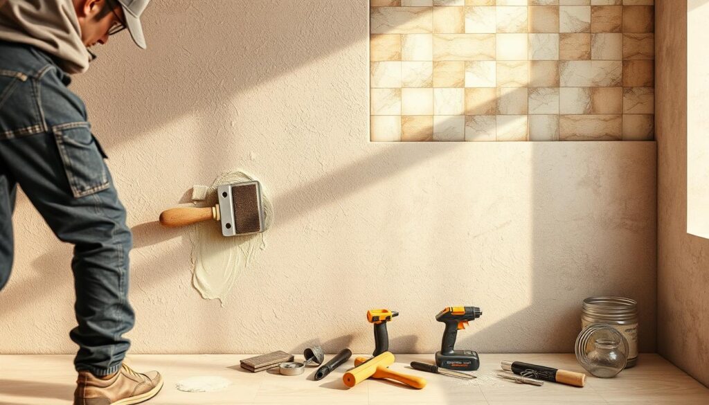 A well-lit, detailed interior scene showcasing the importance of properly leveling walls before tile installation. In the foreground, a construction worker meticulously applies a leveling compound to a textured wall, smoothing the surface with a specialized tool. The middle ground features various tiling tools and materials, emphasizing the importance of preparation. The background depicts a partially tiled wall, highlighting the contrast between an uneven surface and the clean, uniform tiles above. The lighting is warm and natural, casting soft shadows that accentuate the textures. The overall atmosphere conveys the care and attention required to ensure a successful tiling project.
