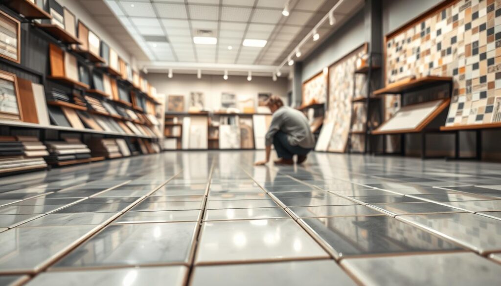 A well-lit, expansive tile showroom with rows of ceramic tiles in various styles and colors prominently displayed on shelves. In the foreground, a closeup of a stack of square ceramic tiles, their glossy surfaces reflecting the bright lighting. The middle ground features a tiler kneeling on the floor, carefully aligning and grouting tiles, demonstrating the step-by-step process. The background showcases a variety of tile patterns, from classic subway tiles to intricate mosaics, providing inspiration for the viewer. The scene conveys a sense of craftsmanship, attention to detail, and the versatility of ceramic tiles for home improvement projects.