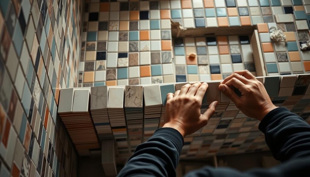 A well-lit, high-angle shot of a tiled wall, showcasing the intricate process of tile installation. The foreground features a skilled worker's hands carefully aligning and securing a mosaic of ceramic tiles, their movements precise and calculated. The middle ground displays an array of neatly stacked tiles in various colors and patterns, ready to be precisely positioned. The background reveals a partially completed tiled surface, highlighting the careful attention to detail and craftsmanship required for a flawless tile layout. The overall atmosphere conveys a sense of focus, precision, and the artistry inherent in the art of tile arrangement.