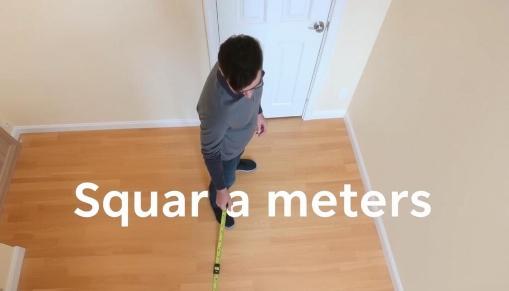 A well-lit, high-angle view of a person standing in a room, measuring the floor with a tape measure. The room has neutral-colored walls and a hardwood or tiled floor. The person is dressed casually, focused intently on the task at hand. The tape measure is clearly visible, held against the floor, with the numbers and markings legible. The perspective gives a sense of the space and scale, allowing the viewer to understand how to measure square meters. The lighting is natural and even, creating a calm, instructional atmosphere. The overall composition is balanced and visually appealing, guiding the viewer's attention to the key elements of measuring square meters. A well-lit, high-angle view of a person standing in a room, measuring the floor with a tape measure. The room has neutral-colored walls and a hardwood or tiled floor. The person is dressed casually, focused intently on the task at hand. The tape measure is clearly visible, held against the floor, with the numbers and markings legible. The perspective gives a sense of the space and scale, allowing the viewer to understand how to measure square meters. The lighting is natural and even, creating a calm, instructional atmosphere. The overall composition is balanced and visually appealing, guiding the viewer's attention to the key elements of measuring square meters.