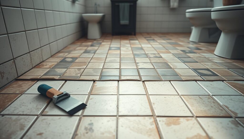 A well-lit, high-angle view of a tiled bathroom floor, with old, worn tiles juxtaposed against a fresh layer of new tiles being installed. The foreground features the tactile process of laying the new tiles, with grout and trowel visible. The middle ground showcases the transition between the old and new tiles, capturing the seamless integration. The background subtly reveals the broader bathroom setting, with clean, minimalist walls and fixtures, conveying a sense of transformation and modernization. The overall scene exudes a sense of careful craftsmanship and the possibility of revitalizing existing spaces. A well-lit, high-angle view of a tiled bathroom floor, with old, worn tiles juxtaposed against a fresh layer of new tiles being installed. The foreground features the tactile process of laying the new tiles, with grout and trowel visible. The middle ground showcases the transition between the old and new tiles, capturing the seamless integration. The background subtly reveals the broader bathroom setting, with clean, minimalist walls and fixtures, conveying a sense of transformation and modernization. The overall scene exudes a sense of careful craftsmanship and the possibility of revitalizing existing spaces.