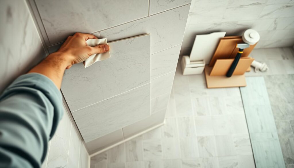 A well-lit, high-angle view of a tiled bathroom wall. In the foreground, a skilled hand carefully applies adhesive to the back of a large, rectangular porcelain tile. The middle ground showcases the tile being precisely aligned and pressed into place, creating a seamless, uniform pattern. In the background, an array of additional tiles, grout, and tiling tools are neatly organized, suggesting a methodical, step-by-step approach to the tiling process. The scene conveys a sense of focus, attention to detail, and the satisfaction of a job well-done, capturing the essence of the "Techniki układania płytek" section. A well-lit, high-angle view of a tiled bathroom wall. In the foreground, a skilled hand carefully applies adhesive to the back of a large, rectangular porcelain tile. The middle ground showcases the tile being precisely aligned and pressed into place, creating a seamless, uniform pattern. In the background, an array of additional tiles, grout, and tiling tools are neatly organized, suggesting a methodical, step-by-step approach to the tiling process. The scene conveys a sense of focus, attention to detail, and the satisfaction of a job well-done, capturing the essence of the "Techniki układania płytek" section.