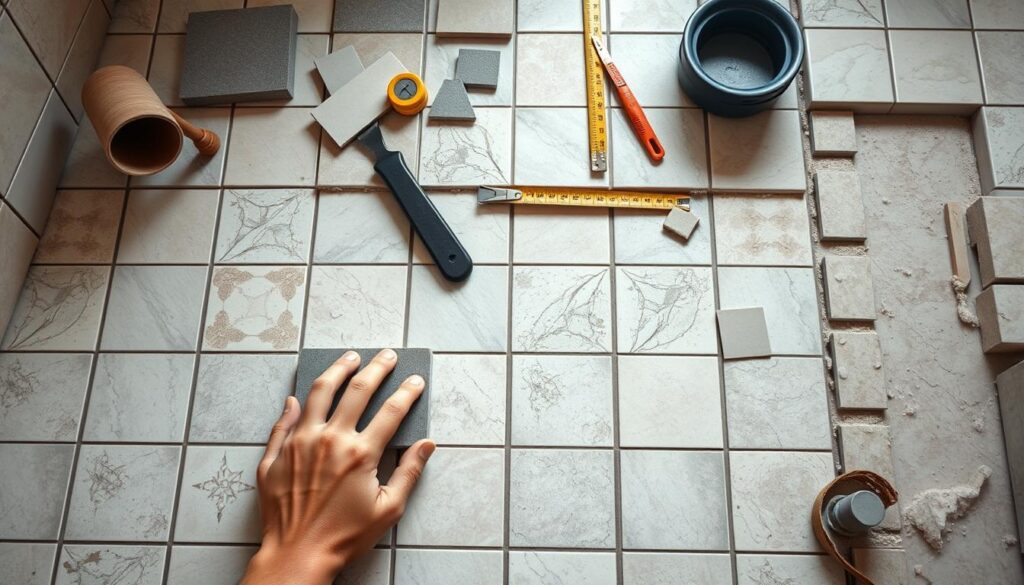 A well-lit, high-angle view of a tiled floor installation process, showcasing various techniques. In the foreground, hands carefully aligning and pressing ceramic tiles into place, with trowel and grout visible. The middle ground features a neatly arranged set of tile pieces, tools, and measuring instruments. The background depicts a partially tiled floor, providing context and a sense of scale. The scene conveys a sense of precision, focus, and the methodical nature of tile laying, capturing the essence of "techniki układania płytek" for a home improvement article. A well-lit, high-angle view of a tiled floor installation process, showcasing various techniques. In the foreground, hands carefully aligning and pressing ceramic tiles into place, with trowel and grout visible. The middle ground features a neatly arranged set of tile pieces, tools, and measuring instruments. The background depicts a partially tiled floor, providing context and a sense of scale. The scene conveys a sense of precision, focus, and the methodical nature of tile laying, capturing the essence of "techniki układania płytek" for a home improvement article.