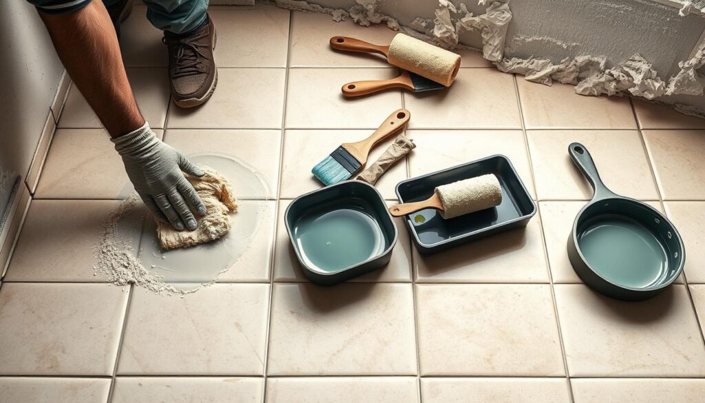 A well-lit, high-angle view of a tiled surface being prepared for painting. In the foreground, a worker's hands carefully scrub and clean the tiles, removing any dirt or debris. The middle ground shows a selection of painting tools - brushes, rollers, and trays filled with paint. In the background, a partially painted wall provides context, hinting at the finished result. The lighting is natural and diffused, casting soft shadows that accentuate the textures of the tiles and tools. The overall mood is one of focused, meticulous preparation, setting the stage for a successful painting project.