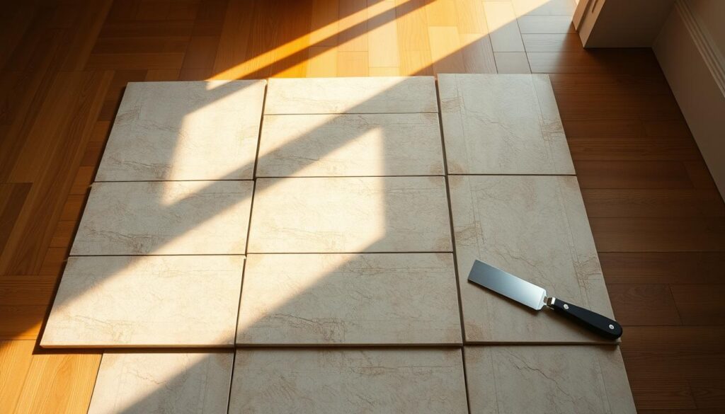 A well-lit, high-angle view showcasing the process of arranging 30x60 cm ceramic tiles on a hardwood floor. The tiles are being precisely aligned, with a grouting trowel visible, demonstrating the meticulous attention to detail required. The scene conveys a sense of order and craftsmanship, with the tiles forming a uniform, seamless pattern. Warm, natural lighting from windows creates soft shadows, enhancing the texture of the tiles and the wooden floor. The overall composition emphasizes the importance of careful tile laying techniques for achieving a professional, visually appealing result. A well-lit, high-angle view showcasing the process of arranging 30x60 cm ceramic tiles on a hardwood floor. The tiles are being precisely aligned, with a grouting trowel visible, demonstrating the meticulous attention to detail required. The scene conveys a sense of order and craftsmanship, with the tiles forming a uniform, seamless pattern. Warm, natural lighting from windows creates soft shadows, enhancing the texture of the tiles and the wooden floor. The overall composition emphasizes the importance of careful tile laying techniques for achieving a professional, visually appealing result.