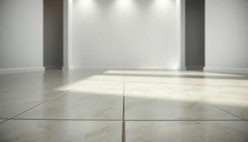 A well-lit, high-resolution, detailed interior scene showcasing the relationship between the width of tile grout and the size of large ceramic tiles. The foreground features a close-up view of a tiled floor, with the tiles measuring approximately 120x60 cm and the grout lines of varying widths. The middle ground presents a clear, unobstructed view of the tiled area, allowing the viewer to appreciate the scale and proportions. The background subtly suggests a modern, minimalist room setting, providing context without distracting from the main subject. The overall mood is one of clean, sleek design, highlighting the importance of grout width in achieving a cohesive and visually appealing tile installation.