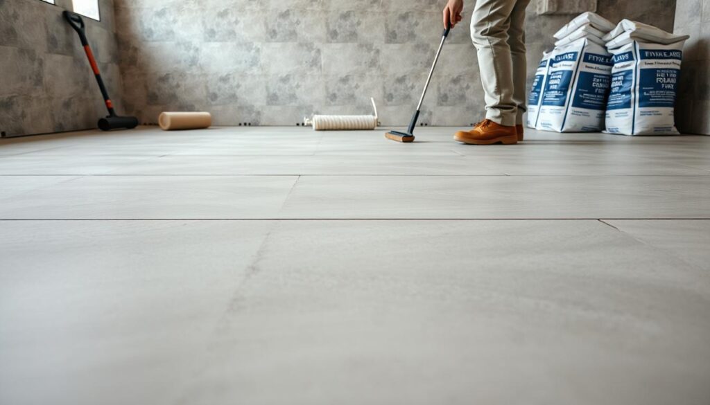A well-lit, high-resolution image of a construction site with a smooth, uniform concrete floor in the foreground. In the middle ground, a worker is carefully examining the surface, assessing its condition. The background showcases tools and materials needed for preparing the subfloor, such as a trowel, a roller, and bags of leveling compound. The scene conveys a sense of diligence and attention to detail, capturing the importance of proper subfloor preparation before tile installation. A well-lit, high-resolution image of a construction site with a smooth, uniform concrete floor in the foreground. In the middle ground, a worker is carefully examining the surface, assessing its condition. The background showcases tools and materials needed for preparing the subfloor, such as a trowel, a roller, and bags of leveling compound. The scene conveys a sense of diligence and attention to detail, capturing the importance of proper subfloor preparation before tile installation.