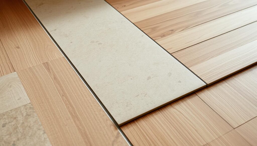 A well-lit, high-resolution image of a tiled floor seamlessly transitioning into a laminate wood panel, showcasing a precise and professional installation technique. The tiles, arranged in a classic herringbone pattern, abut the panel's edge with a clean, even gap, expertly sealed with a matching grout. The scene conveys a sense of craftsmanship and attention to detail, providing a visually appealing illustration of how to effectively combine these two common flooring materials. The lighting emphasizes the textures and colors, creating a warm, inviting atmosphere. The camera angle captures the installation from a slightly elevated perspective, allowing the viewer to clearly observe the transition zone.