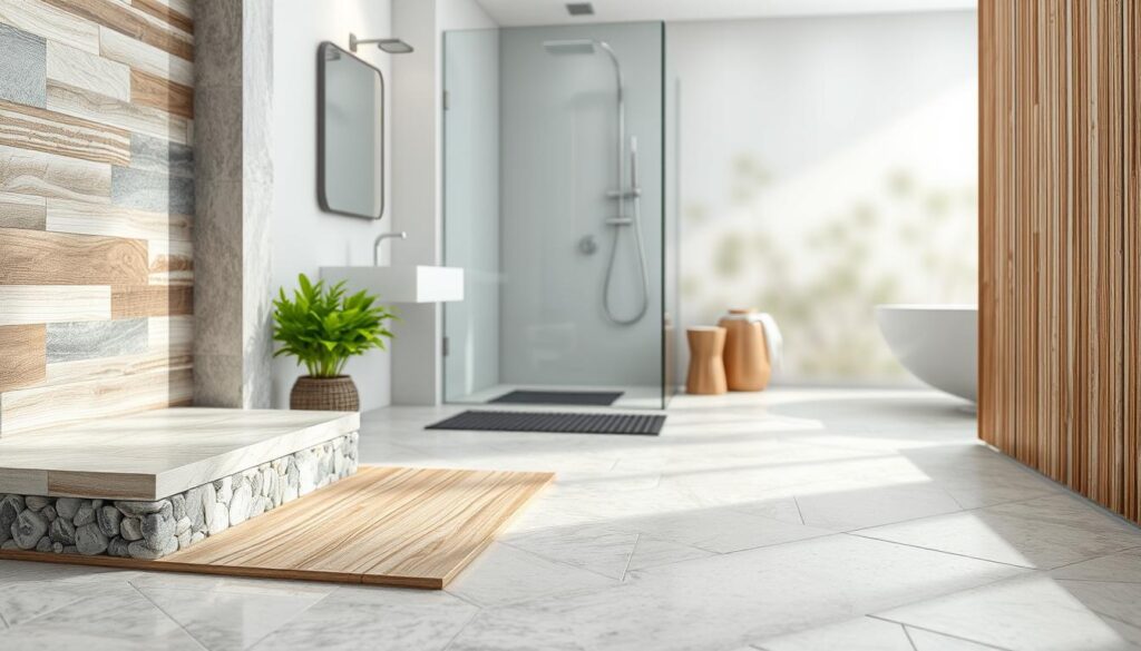 A well-lit, high-resolution image of various alternative materials that could be used instead of tiles for shower floors and walls. The foreground showcases a selection of these materials, such as natural stone, wood-look laminate, rubber mats, and pebble tiles, arranged in a visually appealing and informative manner. The middle ground features a minimalist, modern bathroom setting, with the alternative materials displayed in context. The background is a soft, blurred, and calming scene, emphasizing the versatility and aesthetic appeal of these zamienniki płytek. The overall mood is one of practicality, style, and inspiration for bathroom renovations.
