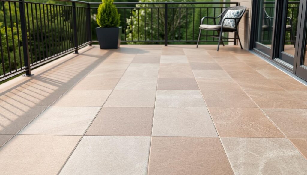 A well-lit, high-resolution photograph of durable, textured porcelain stoneware tiles arranged in a visually appealing pattern on a balcony. The tiles feature a matte, slip-resistant surface and come in a neutral, earthy color palette that complements the natural surroundings. The image showcases the tiles' durability, weather-resistance, and aesthetic appeal, conveying a sense of functionality, comfort, and modern elegance suitable for an outdoor living space.