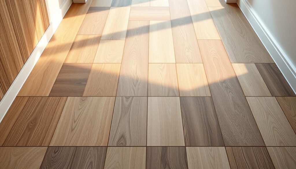 A well-lit, high-resolution, photorealistic interior scene showcasing a variety of wood-look ceramic tiles arranged on the floor. The tiles are complemented by a selection of complementary grout colors, ranging from light beige to dark charcoal, which harmoniously accentuate the natural wood grain patterns. The scene is illuminated by warm, diffused lighting, creating a cozy and inviting atmosphere. The camera angle provides a slightly elevated perspective, allowing the viewer to appreciate the seamless integration of the tiles and grout. The overall composition emphasizes the importance of thoughtful color coordination when selecting grout for wood-look tiles, highlighting the design principles of balance, contrast, and visual harmony.
