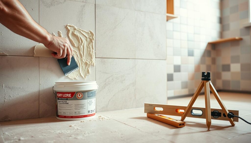 A well-lit interior space showcasing the process of preparing walls for tile installation. In the foreground, a skilled worker's hands are carefully applying a leveling compound to the uneven surface, smoothing it with a trowel for a seamless finish. The middle ground features an array of tools and materials - a bucket of joint compound, a notched trowel, and a spirit level - all the necessary equipment for the job. The background depicts a partially tiled wall, hinting at the end result of this careful preparation. The lighting is soft and diffused, creating a warm, inviting atmosphere conducive to the task at hand. The overall composition emphasizes the importance of proper wall preparation for a successful and long-lasting tile installation.