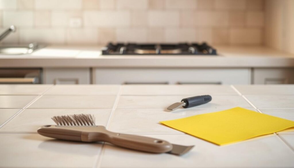 A well-lit kitchen countertop, the surface covered in tiles ready for preparation. The tiles are a neutral, off-white color, their matte texture inviting refinishing. In the foreground, tools lay neatly arranged - a scrub brush, sandpaper, and a small putty knife. The middle ground showcases the tiles in close-up, revealing any imperfections or uneven surfaces that need attention. The background fades into soft, warm lighting, setting a serene mood for the task at hand. The composition emphasizes the importance of proper surface preparation before painting, guiding the viewer's focus to the essential steps of this kitchen makeover project.