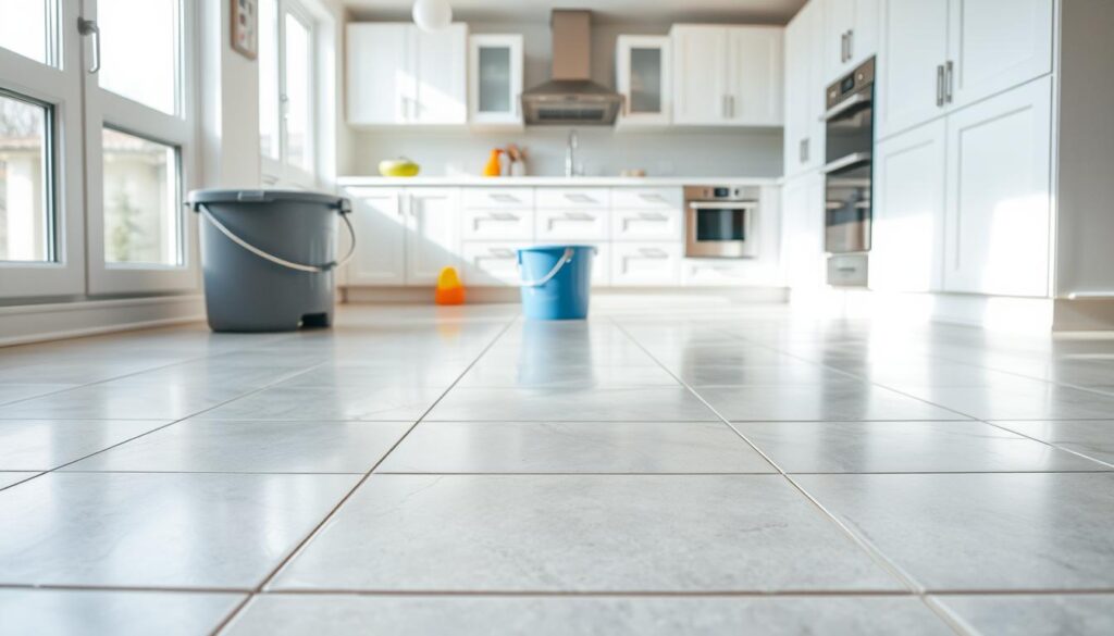 A well-lit kitchen interior with tile flooring in the foreground. The tiles are clean, shiny, and appear freshly scrubbed, reflecting the light from the large windows. In the middle ground, a bucket and cleaning supplies are visible, suggesting the recent cleaning process. The background features a minimalist, modern kitchen design with white cabinets and stainless steel appliances, creating a bright and airy atmosphere. The overall scene conveys a sense of cleanliness, organization, and attention to detail in maintaining the beautiful tile floor. A well-lit kitchen interior with tile flooring in the foreground. The tiles are clean, shiny, and appear freshly scrubbed, reflecting the light from the large windows. In the middle ground, a bucket and cleaning supplies are visible, suggesting the recent cleaning process. The background features a minimalist, modern kitchen design with white cabinets and stainless steel appliances, creating a bright and airy atmosphere. The overall scene conveys a sense of cleanliness, organization, and attention to detail in maintaining the beautiful tile floor.