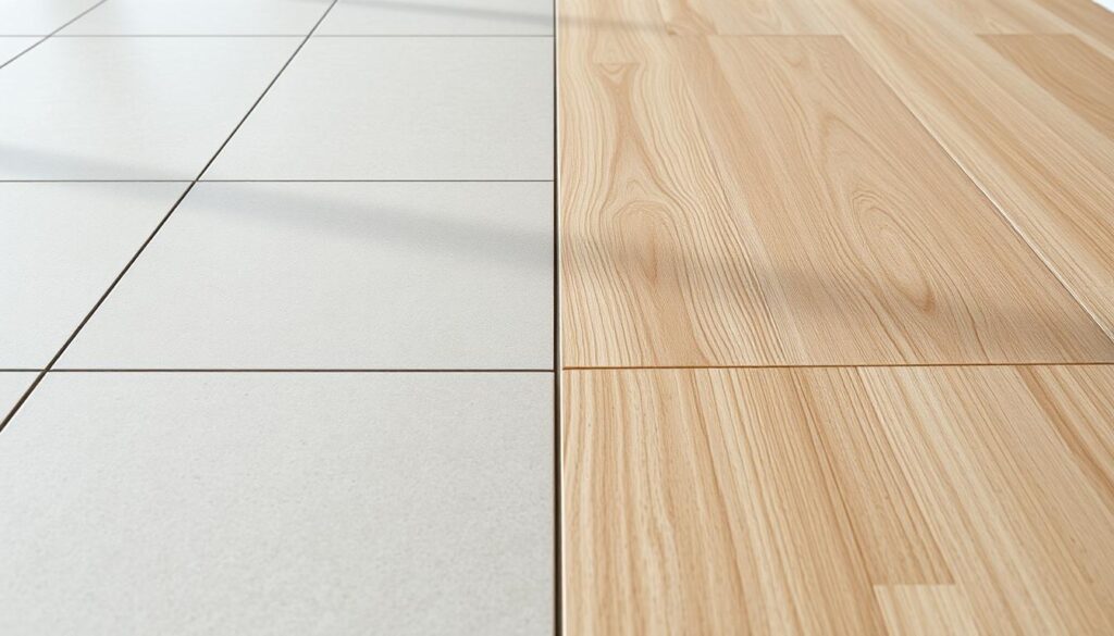 A well-lit room with a tiled floor and a laminate panel flooring system meeting at the seam. Carefully captured from a low angle, showcasing the seamless transition between the two surfaces. The tiles exhibit a sophisticated, muted color palette, while the panels have a natural wood grain texture. Soft shadows and subtle highlights accentuate the depth and materiality of the surfaces. The overall scene conveys a sense of precision, attention to detail, and a harmonious integration of the two flooring elements. A well-lit room with a tiled floor and a laminate panel flooring system meeting at the seam. Carefully captured from a low angle, showcasing the seamless transition between the two surfaces. The tiles exhibit a sophisticated, muted color palette, while the panels have a natural wood grain texture. Soft shadows and subtle highlights accentuate the depth and materiality of the surfaces. The overall scene conveys a sense of precision, attention to detail, and a harmonious integration of the two flooring elements.
