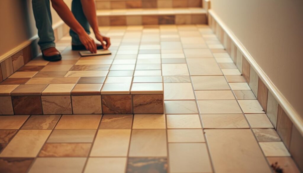A well-lit room with a tiled staircase in the foreground. The tiles are in a classic square pattern, with a mixture of neutral-colored tiles and accents of natural stone. The tiles are being carefully laid by a skilled worker, their hands delicately arranging each piece with precision. The camera angle is slightly elevated, providing a clear view of the staircase and the process of tile installation. The lighting is warm and diffused, creating a sense of calm and attention to detail. The background is blurred, keeping the focus on the intricate task at hand.