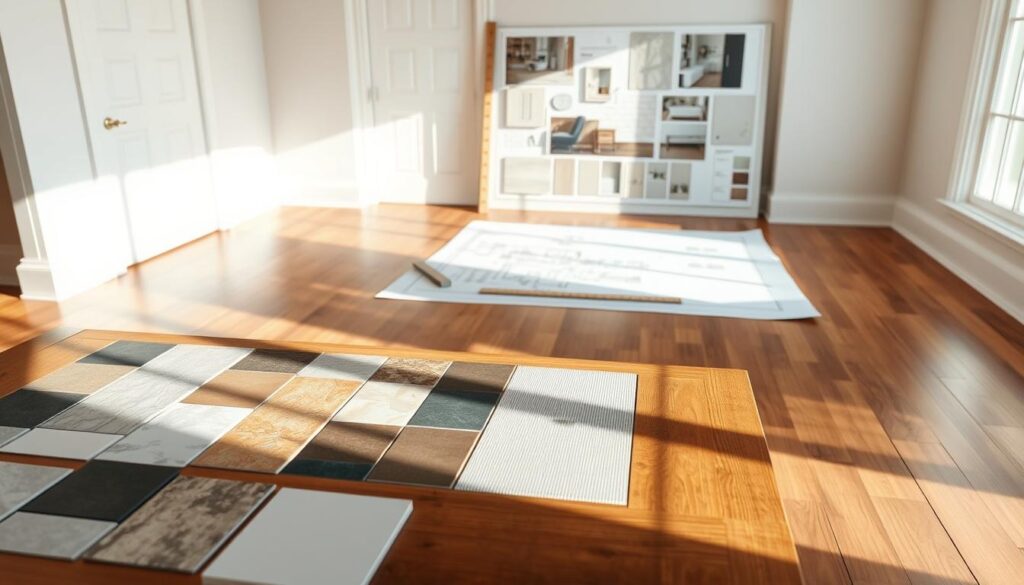 A well-lit room with hardwood floors and bright natural lighting. In the foreground, an array of tile samples in various colors and patterns are neatly arranged on a wooden table, casting soft shadows. In the middle ground, a detailed floor plan is spread out, showcasing the planned tile layout for a bathroom. Architectural sketches and a ruler provide a sense of precision and planning. The background features a mood board with inspirational tile designs, color swatches, and room visualizations, creating a cohesive vision for the final space. The overall atmosphere is one of thoughtful preparation and design, reflecting the care and consideration that goes into planning the perfect tile arrangement.