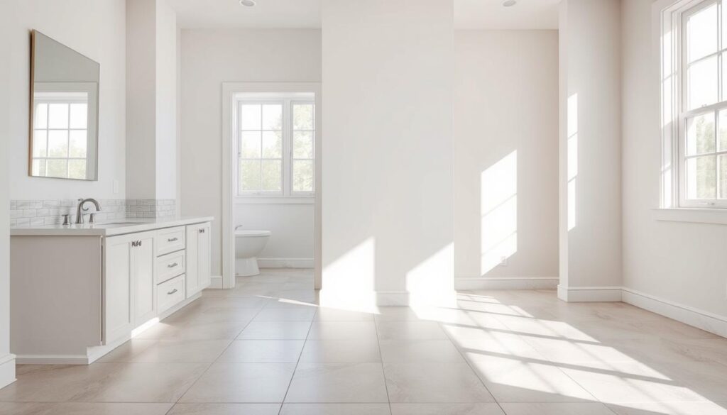 A well-lit, spacious bathroom and kitchen interior with newly installed tile baseboards along the walls. The baseboards are precisely measured, expertly cut, and neatly aligned, creating a seamless and visually appealing transition between the flooring and walls. The tiles used for the baseboards complement the overall color scheme and design of the rooms, blending harmoniously. Subtle shadows and highlights accentuate the texture and craftsmanship of the installation, conveying a sense of attention to detail and professional workmanship. The scene exudes a clean, modern, and organized atmosphere, showcasing the functional and aesthetic benefits of properly installed tile baseboards in these high-traffic areas of the home.