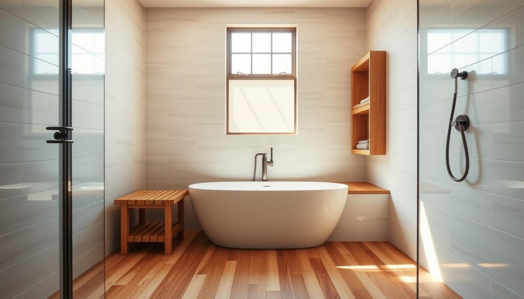 A well-lit, spacious bathroom with wooden flooring and accents. The wooden elements, such as a slatted bench or shelving, are prominently featured, complementing the clean, minimalist tile walls. Soft, natural lighting filters in through a large window, creating a tranquil, spa-like atmosphere. The wood's warm tones and organic texture contrast beautifully with the cool, sleek tiles, resulting in a harmonious and inviting bathroom design. The overall composition emphasizes the tactile, nature-inspired qualities of using wood as an alternative to traditional tile under the shower or around the bathtub.