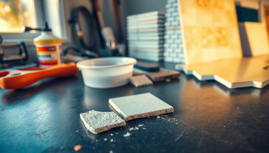 A well-lit workbench showcases an array of tools and materials for ceramic tile repair. In the foreground, a chipped tile and a small putty knife rest on the surface, signaling the upcoming task. The middle ground features a tub of tile adhesive, a grout float, and a small brush, hinting at the steps required to restore the damaged tile. In the background, various sizes of replacement tiles are neatly stacked, providing a visual cue for the final stage of the repair process. The scene is bathed in warm, natural lighting, evoking a sense of focused and deliberate preparation for the task at hand. A well-lit workbench showcases an array of tools and materials for ceramic tile repair. In the foreground, a chipped tile and a small putty knife rest on the surface, signaling the upcoming task. The middle ground features a tub of tile adhesive, a grout float, and a small brush, hinting at the steps required to restore the damaged tile. In the background, various sizes of replacement tiles are neatly stacked, providing a visual cue for the final stage of the repair process. The scene is bathed in warm, natural lighting, evoking a sense of focused and deliberate preparation for the task at hand.