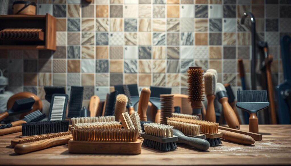 A well-lit workshop scene showcasing an assortment of tile grooming tools. In the foreground, a selection of high-quality combs and brushes of varying sizes and materials, arranged neatly on a wooden surface. The middle ground features a tiled wall, displaying the diverse textures and patterns of different tile types. Soft, directional lighting illuminates the scene, casting subtle shadows and highlights to accentuate the details of the tools and tiles. The overall atmosphere is one of precision, professionalism, and a dedication to achieving the perfect tile finish. A well-lit workshop scene showcasing an assortment of tile grooming tools. In the foreground, a selection of high-quality combs and brushes of varying sizes and materials, arranged neatly on a wooden surface. The middle ground features a tiled wall, displaying the diverse textures and patterns of different tile types. Soft, directional lighting illuminates the scene, casting subtle shadows and highlights to accentuate the details of the tools and tiles. The overall atmosphere is one of precision, professionalism, and a dedication to achieving the perfect tile finish.