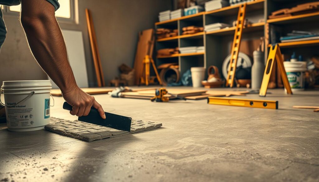 A well-lit workshop scene showcasing the preparation of a floor surface for tile installation. In the foreground, a worker diligently smooths a layer of mortar onto a concrete slab using a notched trowel, ensuring an even, level base. In the middle ground, various tools and materials are neatly organized, including a bucket of grout, a tile cutter, and a spirit level. The background features shelves stocked with additional supplies, creating a sense of a professional, well-equipped workspace. The lighting is warm and diffused, casting soft shadows that accentuate the textures of the materials. The overall atmosphere conveys a methodical, task-oriented approach to the initial stage of the tile-laying process. A well-lit workshop scene showcasing the preparation of a floor surface for tile installation. In the foreground, a worker diligently smooths a layer of mortar onto a concrete slab using a notched trowel, ensuring an even, level base. In the middle ground, various tools and materials are neatly organized, including a bucket of grout, a tile cutter, and a spirit level. The background features shelves stocked with additional supplies, creating a sense of a professional, well-equipped workspace. The lighting is warm and diffused, casting soft shadows that accentuate the textures of the materials. The overall atmosphere conveys a methodical, task-oriented approach to the initial stage of the tile-laying process.