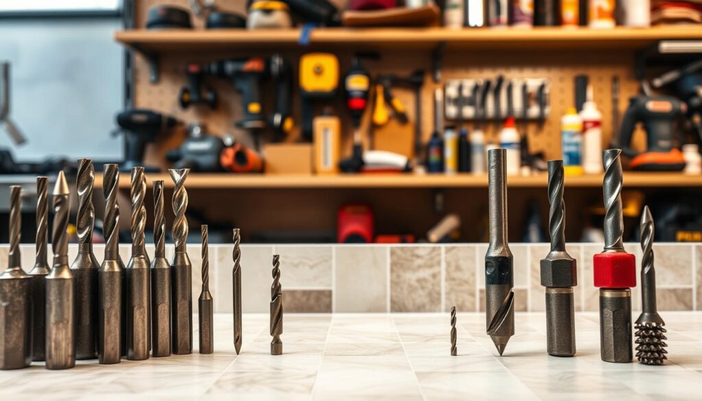 A well-lit workshop scene with a focus on the selection of drill bits for tiles. In the foreground, an assortment of high-quality masonry drill bits of various sizes and types, their sharp tips gleaming under the bright lighting. In the middle ground, a tiled surface, perhaps a countertop or a floor sample, showcasing the precise drilling required for successful tile installation. The background features shelves stocked with power tools, adhesives, and other tile-working accessories, creating a professional, workshop-like atmosphere. The overall mood is one of expertise, precision, and the thoughtful consideration of the right tools for the job at hand.