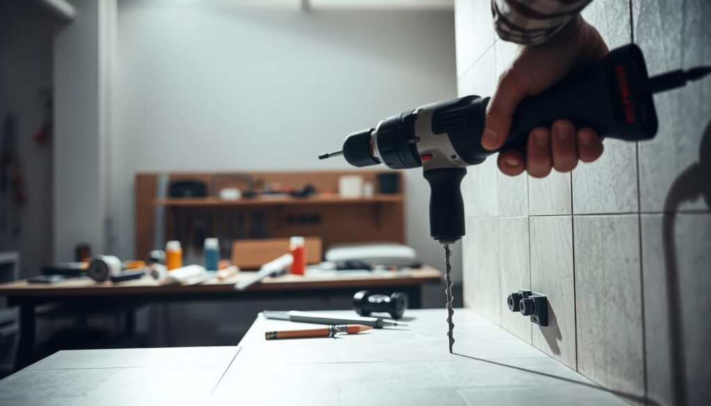 A well-lit workshop scene with a person drilling a dry wall or tile using a power drill. The drill is held firmly in the foreground, casting dynamic shadows on the surface. In the middle ground, various tools and materials are neatly organized on a workbench, suggesting a professional setup. The background showcases a clean, modern interior with neutral-toned walls, adding a sense of minimalism and precision to the overall composition. The lighting is balanced, creating defined shadows and highlights to emphasize the textures and details of the drilling process. The mood is one of focused efficiency, showcasing the technical expertise required for this specialized task.