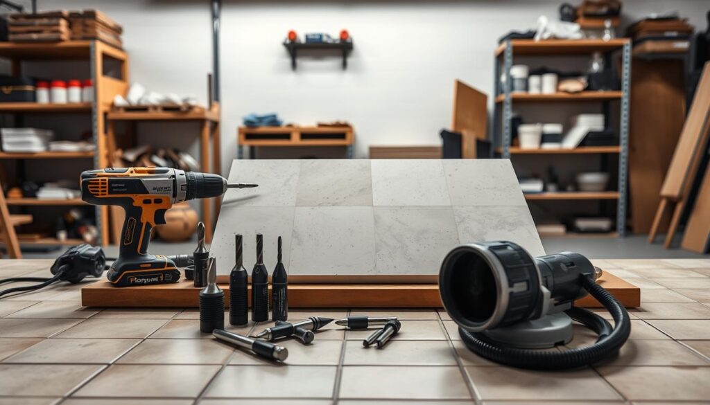 A well-lit workshop scene, with a tiled floor and a workbench in the foreground. On the workbench, a variety of drilling tools are neatly arranged, including a cordless drill, masonry bits, and a vacuum attachment. In the middle ground, a large tile sample rests, ready to be drilled. Soft shadows cast by the overhead lighting suggest a focused, precise atmosphere. In the background, shelves hold additional supplies and tools, creating a sense of a professional, well-equipped workspace dedicated to tile installation. The overall mood conveys a sense of preparedness and attention to detail, reflecting the care required when drilling into ceramic tiles.