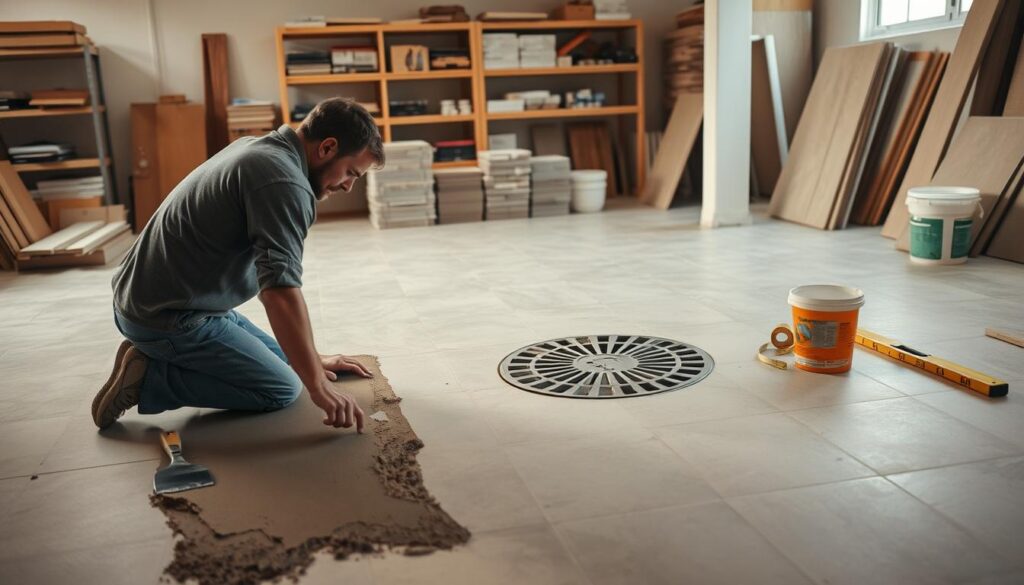 A well-lit workshop setting with a focus on the floor preparation for tile installation. In the foreground, a worker kneels, smoothing a layer of mortar onto a concrete subfloor, creating a gradual slope towards a central drain cover. Nearby, tools such as a trowel, level, and measuring tape are neatly arranged. In the middle ground, stacks of tile boxes and a bucket of grout suggest the upcoming stages of the project. The background features shelves stocked with construction materials, casting a warm, workmanlike atmosphere. The lighting is balanced, with soft shadows and highlights accentuating the textures of the materials. An overall sense of methodical preparation and attention to detail pervades the scene. A well-lit workshop setting with a focus on the floor preparation for tile installation. In the foreground, a worker kneels, smoothing a layer of mortar onto a concrete subfloor, creating a gradual slope towards a central drain cover. Nearby, tools such as a trowel, level, and measuring tape are neatly arranged. In the middle ground, stacks of tile boxes and a bucket of grout suggest the upcoming stages of the project. The background features shelves stocked with construction materials, casting a warm, workmanlike atmosphere. The lighting is balanced, with soft shadows and highlights accentuating the textures of the materials. An overall sense of methodical preparation and attention to detail pervades the scene.