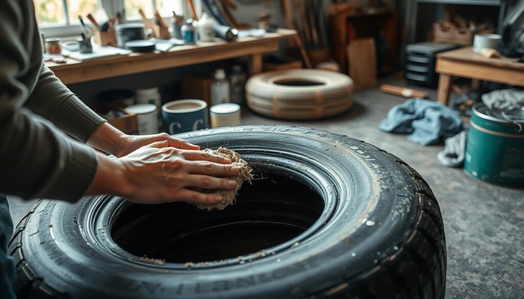 A workshop scene with a person preparing old tires for a garden makeover. The foreground shows hands carefully scrubbing and cleaning the tire surface, removing dirt and debris. The middle ground features an assortment of painting supplies - brushes, paint cans, and rags. In the background, a workbench with various tools and a window providing natural light. The scene conveys a mood of focused, methodical preparation, with a sense of transformation and repurposing about to take place. The lighting is soft and diffused, highlighting the textures of the tire and the various objects. The camera angle is slightly elevated, providing an overview of the workspace.