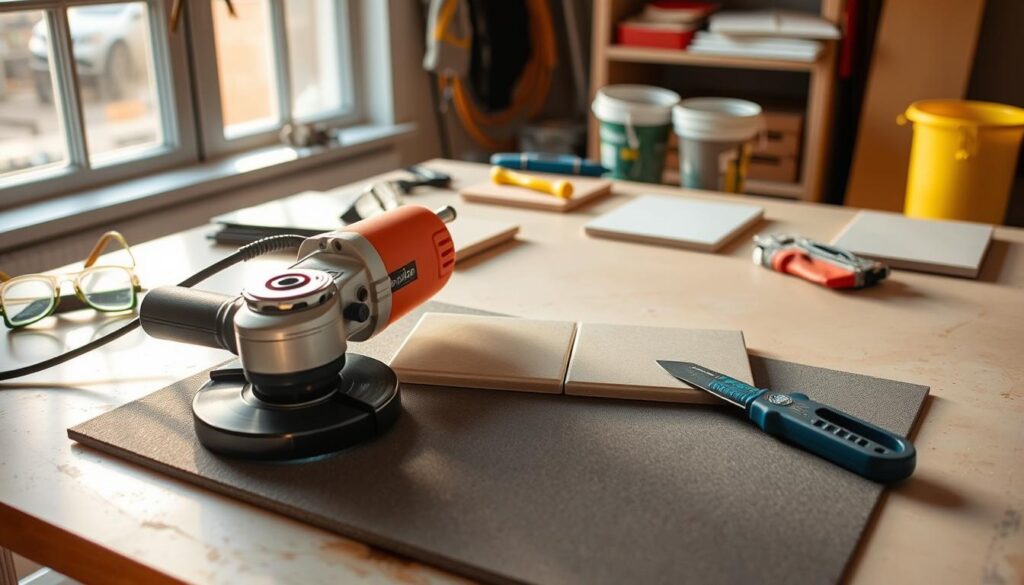 A workshop table with various tools and materials for tile cutting, including a handheld angle grinder, a tile scoring knife, and protective gear like safety glasses and gloves. The table is well-lit, with natural light from a window casting a warm glow. The tiles being cut are placed on a non-slip surface, and the angle grinder is used with precision, creating clean, chip-free cuts. The overall scene conveys a sense of focus, care, and attention to detail in the tile cutting process.