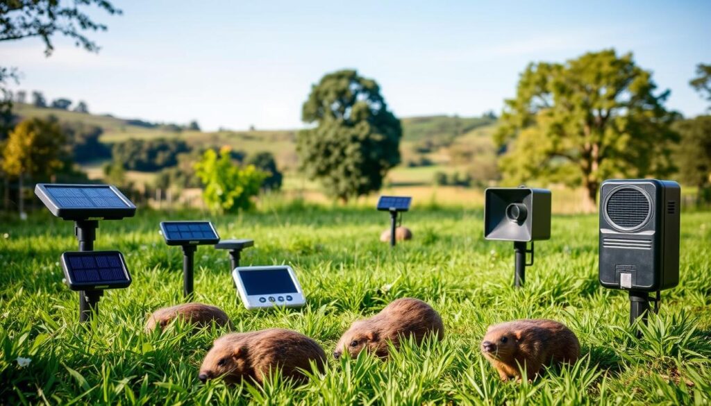An outdoor scene in a lush garden, showcasing a variety of sound-based deterrents designed to repel moles. In the foreground, several solar-powered ultrasonic devices emit high-frequency sound waves, their sleek, modern designs blending seamlessly with the surrounding greenery. In the midground, a series of motion-activated speakers emit disruptive noises, creating an unsettling sonic environment for the burrowing pests. The background features a subtle, serene landscape, with rolling hills, mature trees, and a clear blue sky, providing a calming contrast to the technical solutions in the foreground. The lighting is natural and diffused, highlighting the textures and materials of the devices while maintaining a harmonious atmosphere. The overall tone conveys an effective, yet humane approach to managing mole infestations in the garden.