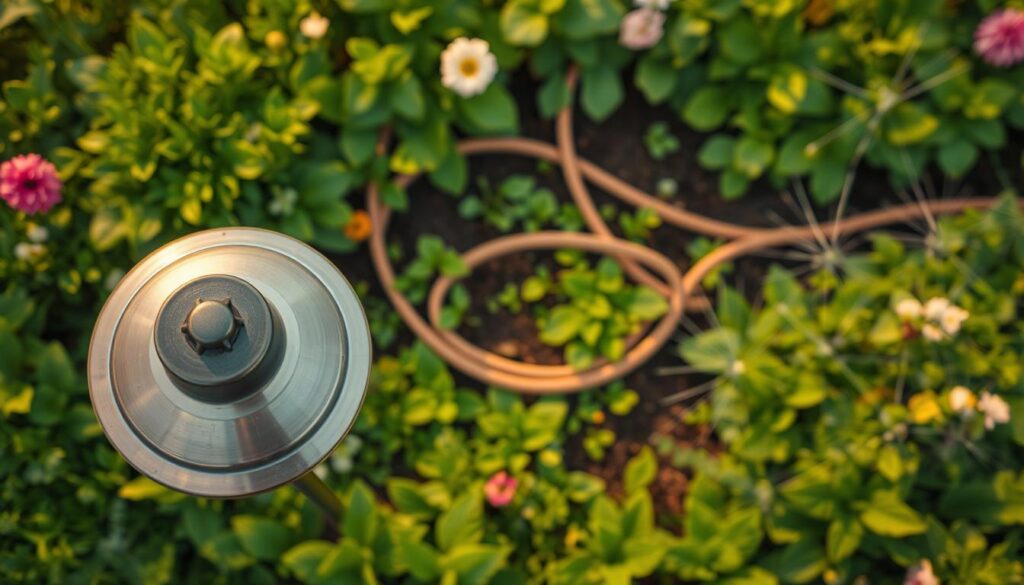 An overhead view of a lush, verdant garden showcasing various irrigation systems. In the foreground, a detailed close-up of a pop-up sprinkler head, its sleek metallic surface gleaming in the warm, diffused lighting. In the middle ground, a network of flexible, earth-toned irrigation tubing weaving through the soil, strategically placed to efficiently water the diverse array of plants and flowers. In the background, a visually striking automated drip irrigation system, its delicate webbing of thin pipes delivering targeted hydration to the roots of the thriving flora. The entire scene is bathed in a soft, natural ambiance, conveying the harmonious integration of these essential watering technologies within the broader horticultural landscape.