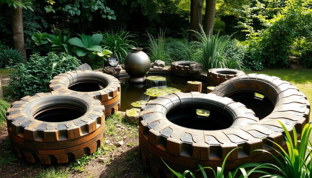Creative outdoor furniture made from recycled tires, set in a lush garden scene. Weathered, textured tire seats and tables arranged around a tranquil pond, surrounded by flourishing plants and a dappled light filtering through the trees. Unique, organic shapes formed from the repurposed rubber, blending seamlessly with the natural environment. Warm, earthy tones complement the greenery, creating a rustic, eco-friendly oasis. Carefully composed to showcase the imaginative upcycling, with a sense of harmony and sustainability. Creative outdoor furniture made from recycled tires, set in a lush garden scene. Weathered, textured tire seats and tables arranged around a tranquil pond, surrounded by flourishing plants and a dappled light filtering through the trees. Unique, organic shapes formed from the repurposed rubber, blending seamlessly with the natural environment. Warm, earthy tones complement the greenery, creating a rustic, eco-friendly oasis. Carefully composed to showcase the imaginative upcycling, with a sense of harmony and sustainability.