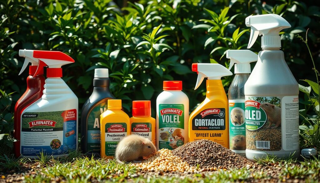 Detailed close-up of various chemical pesticides and rodenticides used to control and eliminate voles in a garden setting. Prominent in the foreground are various bottles, sprays, and granules of chemical pest control products against a backdrop of lush, verdant foliage. Soft, natural lighting illuminates the scene, highlighting the textures and colors of the chemicals. The overall mood conveys a sense of practical necessity, with the chemicals presented as tools to manage a gardening challenge. The composition emphasizes the utility and effectiveness of these chemical solutions, while also hinting at potential drawbacks or cautionary considerations.